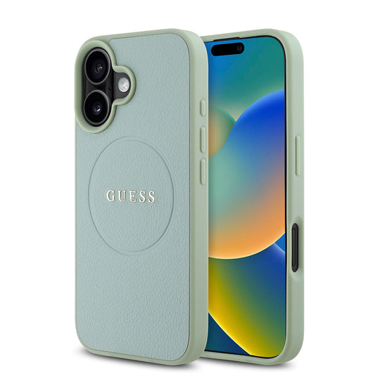Apple iPhone 16 Plus Kılıf Guess Orjinal Lisanslı M-safe Şarj Özellikli Yazı Logolu Grained Kapak Yeşil