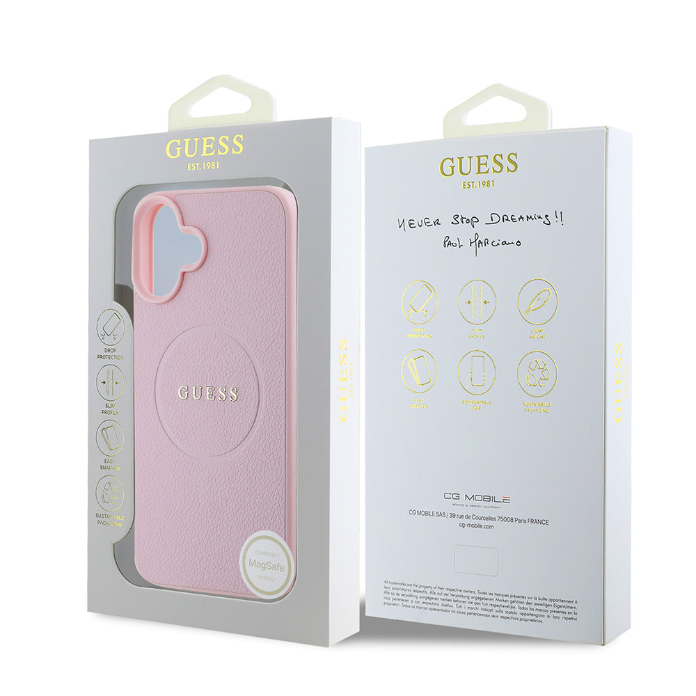 Apple iPhone 16 Plus Kılıf Guess Orjinal Lisanslı M-safe Şarj Özellikli Yazı Logolu Grained Kapak Yeşil