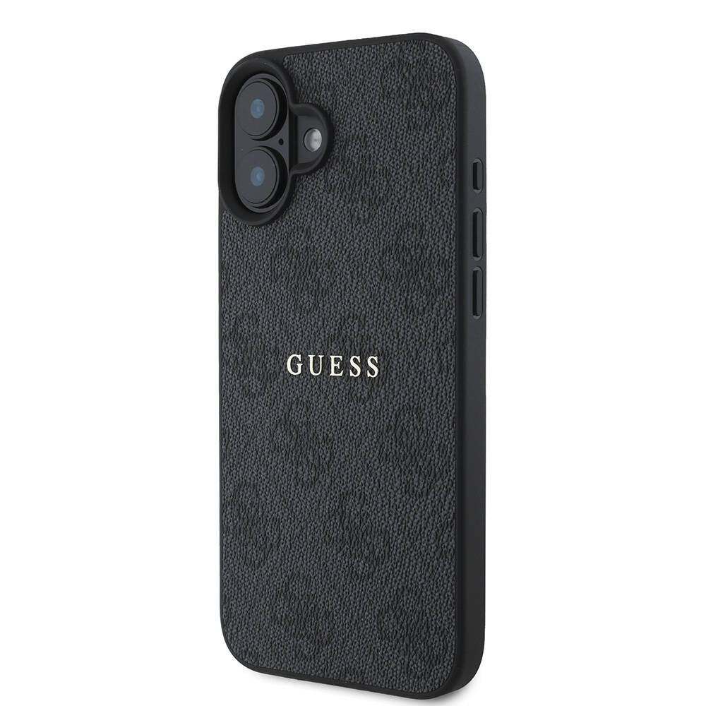 Apple iPhone 16 Plus Kılıf Guess Orjinal Lisanslı M-safe Şarj Özellikli 4G Desenli Yazı Logolu Kapak Siyah