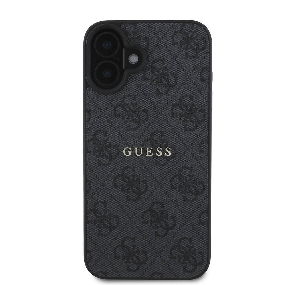 Apple iPhone 16 Plus Kılıf Guess Orjinal Lisanslı M-safe Şarj Özellikli 4G Desenli Yazı Logolu Kapak Siyah