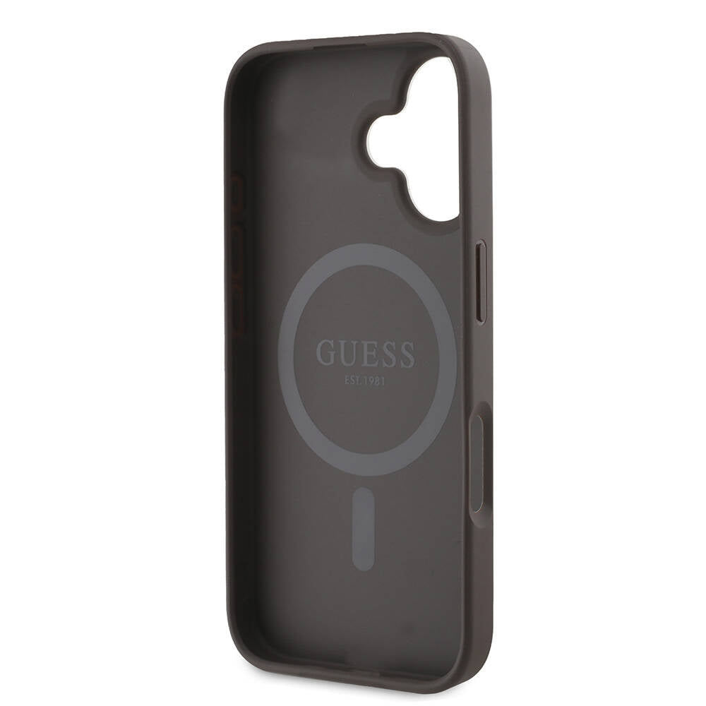Apple iPhone 16 Plus Kılıf Guess Orjinal Lisanslı M-safe Şarj Özellikli 4G Desenli Yazı Logolu Kapak Siyah