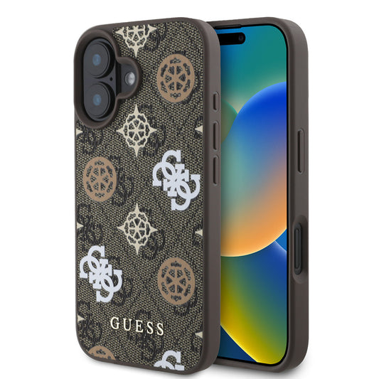 Apple iPhone 16 Plus Kılıf Guess Orjinal Lisanslı M-safe Şarj Özellikli 4G Desenli Yazı Logolu Peony Kapak Kahverengi