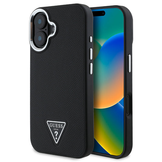 Apple iPhone 16 Plus Kılıf Guess Orjinal Lisanslı M-safe Şarj Özellikli Grained Triangle Kapak Kahverengi