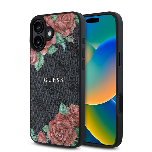 Apple iPhone 16 Plus Kılıf Guess Orjinal Lisanslı M-safe Şarj Özellikli Gül Baskılı 4G Desenli Yazı Logolu Kapak Siyah