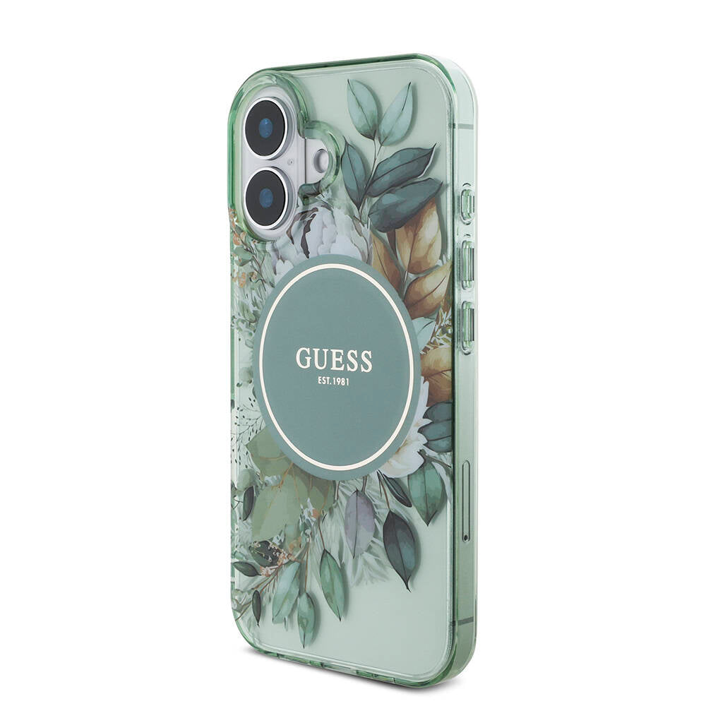 Apple iPhone 16 Plus Kılıf Guess Orjinal Lisanslı M-safe Şarj Özellikli IML Baskılı Çiçek İnci Bileklikli Kapak Pembe