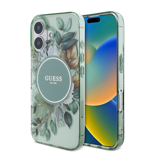 Apple iPhone 16 Plus Kılıf Guess Orjinal Lisanslı M-safe Şarj Özellikli IML Baskılı Çiçek İnci Bileklikli Kapak Pembe