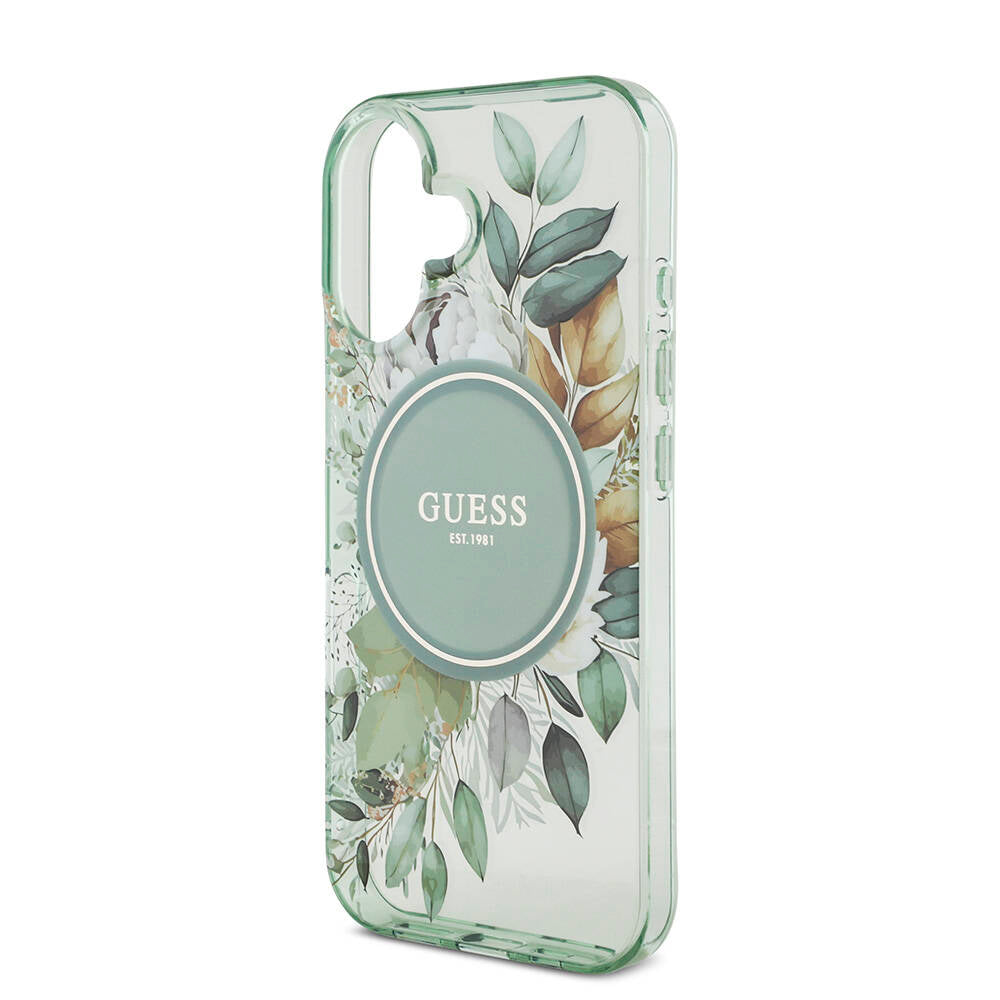 Apple iPhone 16 Plus Kılıf Guess Orjinal Lisanslı M-safe Şarj Özellikli IML Baskılı Çiçek İnci Bileklikli Kapak Pembe