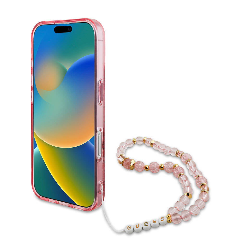 Apple iPhone 16 Plus Kılıf Guess Orjinal Lisanslı M-safe Şarj Özellikli IML Baskılı Çiçek İnci Bileklikli Kapak Yeşil