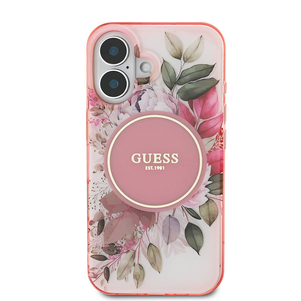 Apple iPhone 16 Plus Kılıf Guess Orjinal Lisanslı M-safe Şarj Özellikli IML Baskılı Yazı Logolu Flower Tonal Circle Kapak Pembe