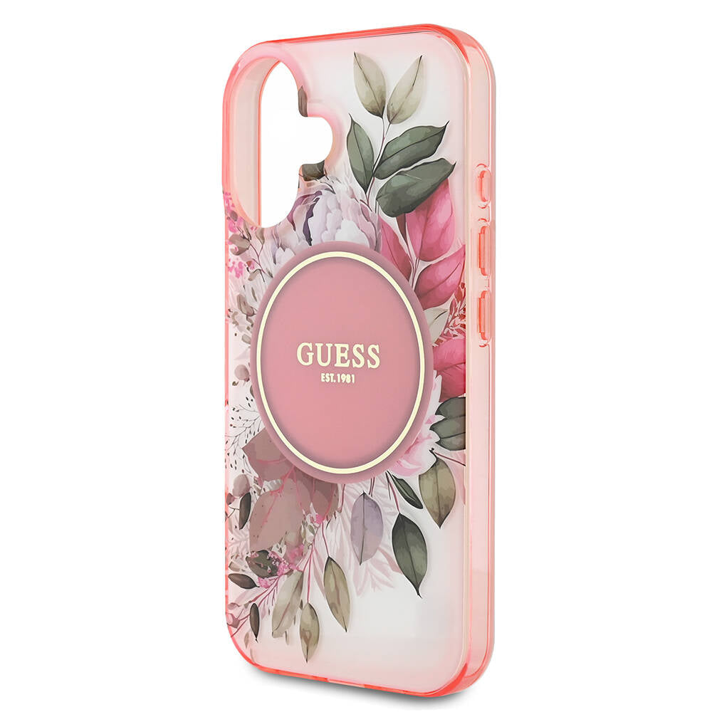 Apple iPhone 16 Plus Kılıf Guess Orjinal Lisanslı M-safe Şarj Özellikli IML Baskılı Yazı Logolu Flower Tonal Circle Kapak Pembe