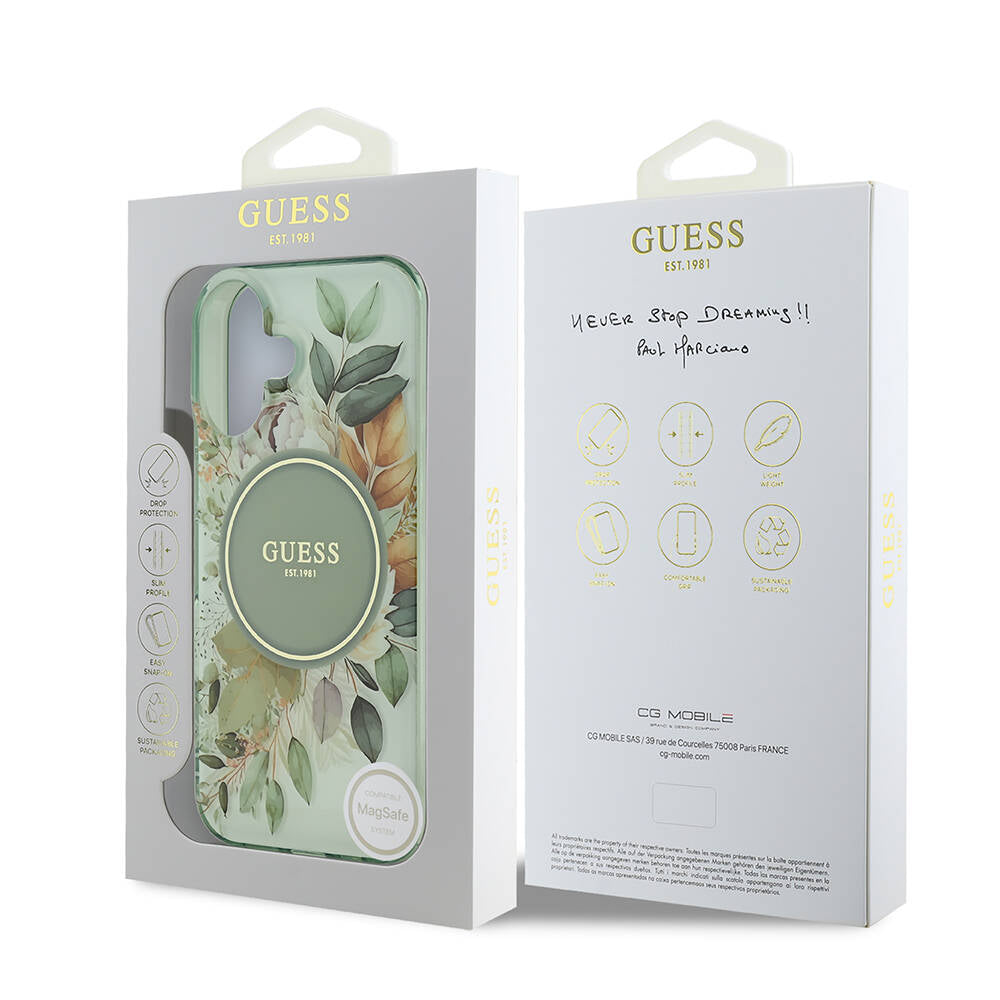 Apple iPhone 16 Plus Kılıf Guess Orjinal Lisanslı M-safe Şarj Özellikli IML Baskılı Yazı Logolu Flower Tonal Circle Kapak Pembe