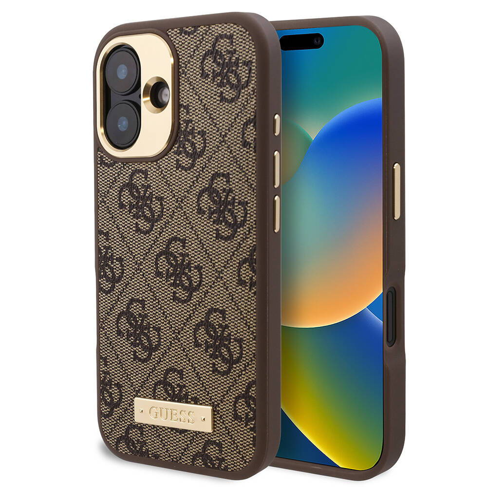 Apple iPhone 16 Plus Kılıf Guess Orjinal Lisanslı M-safe Şarj Özellikli PU 4G Desenli Metal Plaka Klasik Logolu Kapak Kahverengi