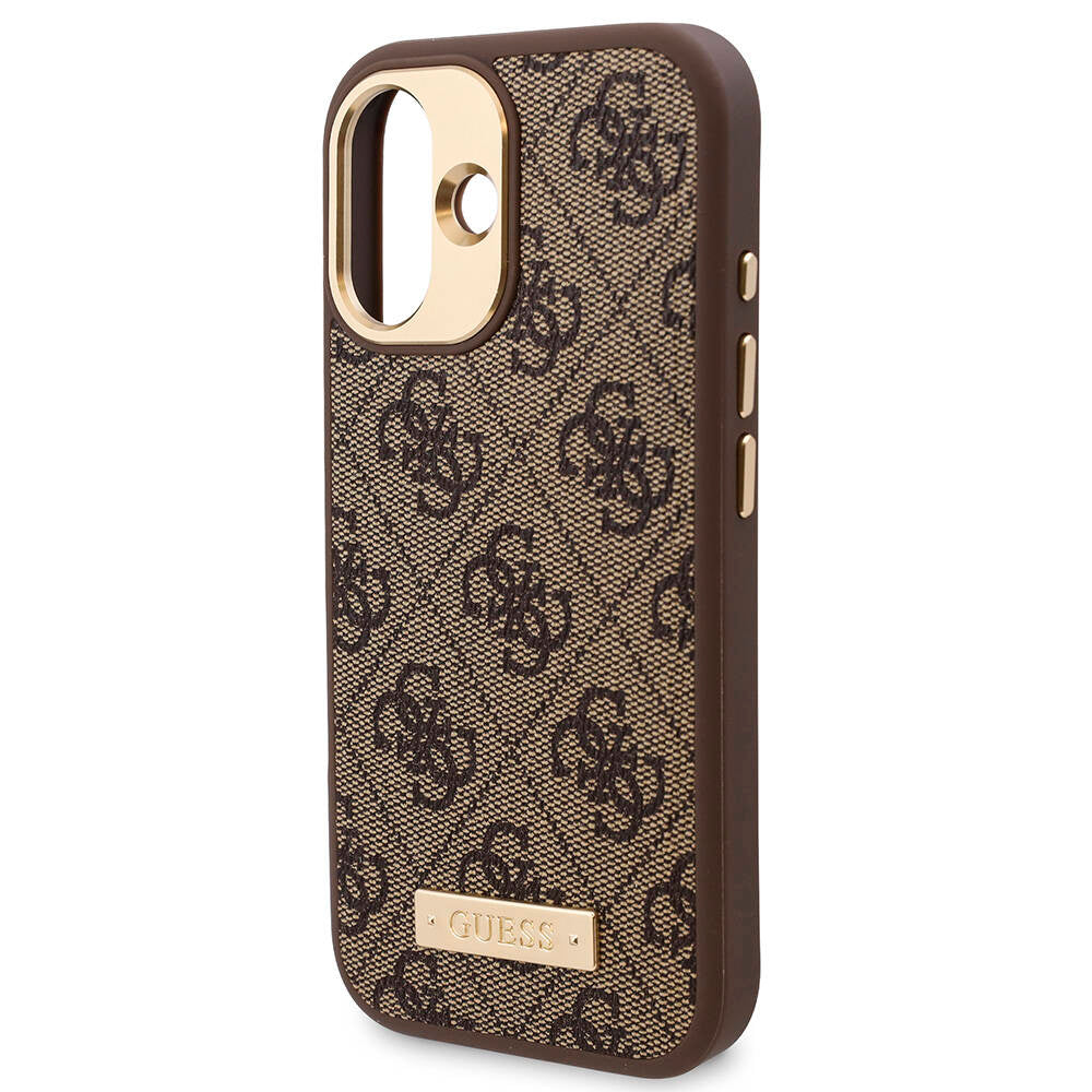Apple iPhone 16 Plus Kılıf Guess Orjinal Lisanslı M-safe Şarj Özellikli PU 4G Desenli Metal Plaka Klasik Logolu Kapak Pembe