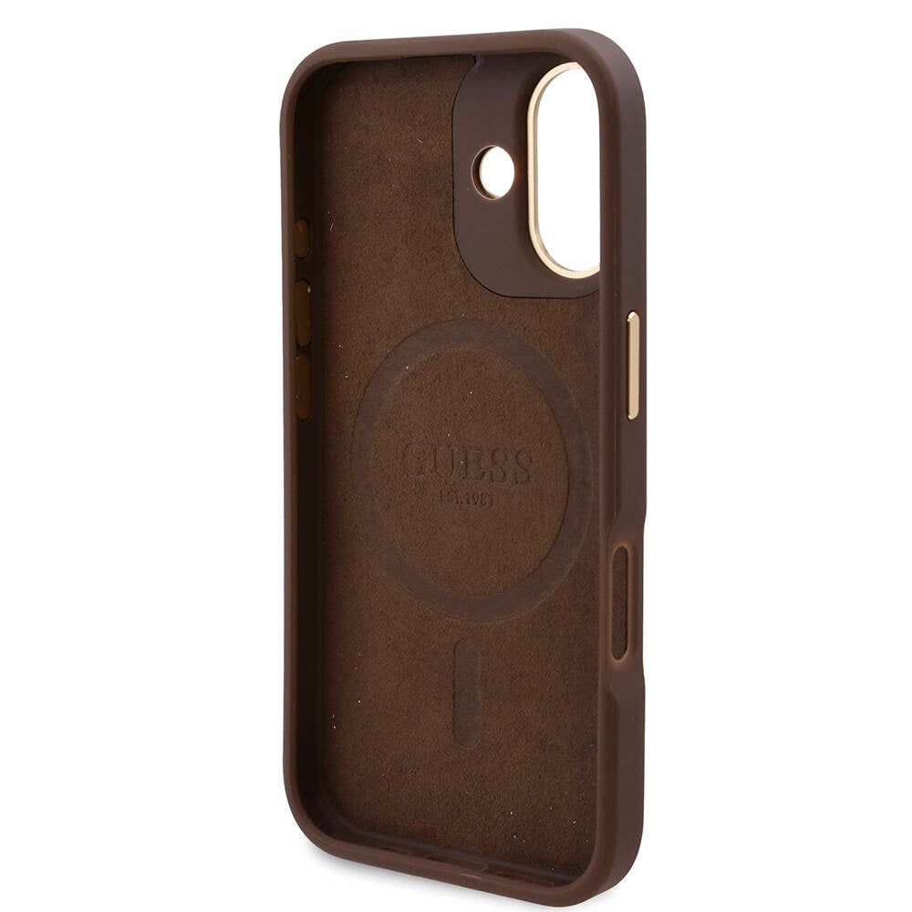 Apple iPhone 16 Plus Kılıf Guess Orjinal Lisanslı M-safe Şarj Özellikli PU 4G Desenli Metal Plaka Klasik Logolu Kapak Kahverengi