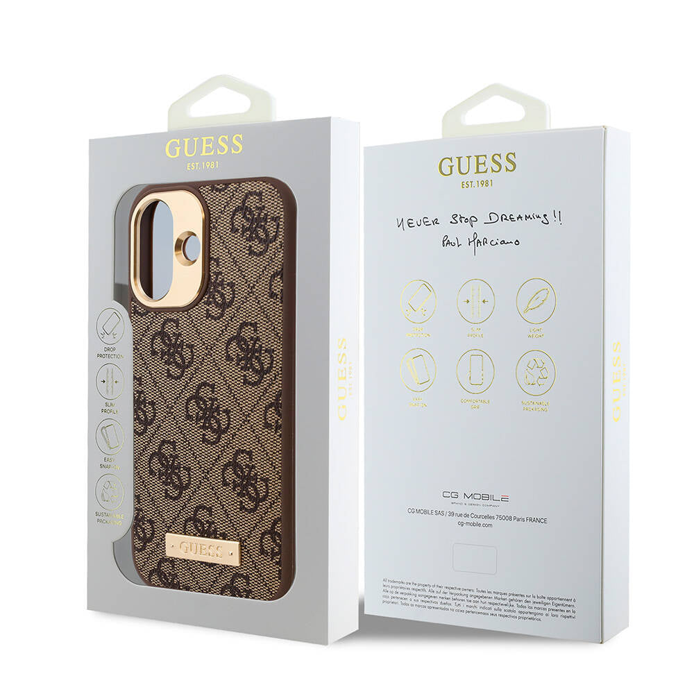 Apple iPhone 16 Plus Kılıf Guess Orjinal Lisanslı M-safe Şarj Özellikli PU 4G Desenli Metal Plaka Klasik Logolu Kapak Pembe