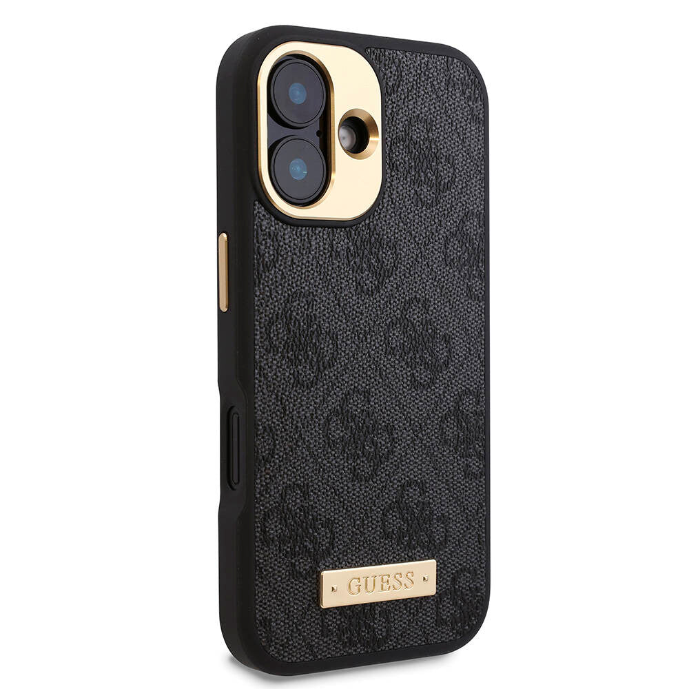 Apple iPhone 16 Plus Kılıf Guess Orjinal Lisanslı M-safe Şarj Özellikli PU 4G Desenli Metal Plaka Klasik Logolu Kapak Kahverengi