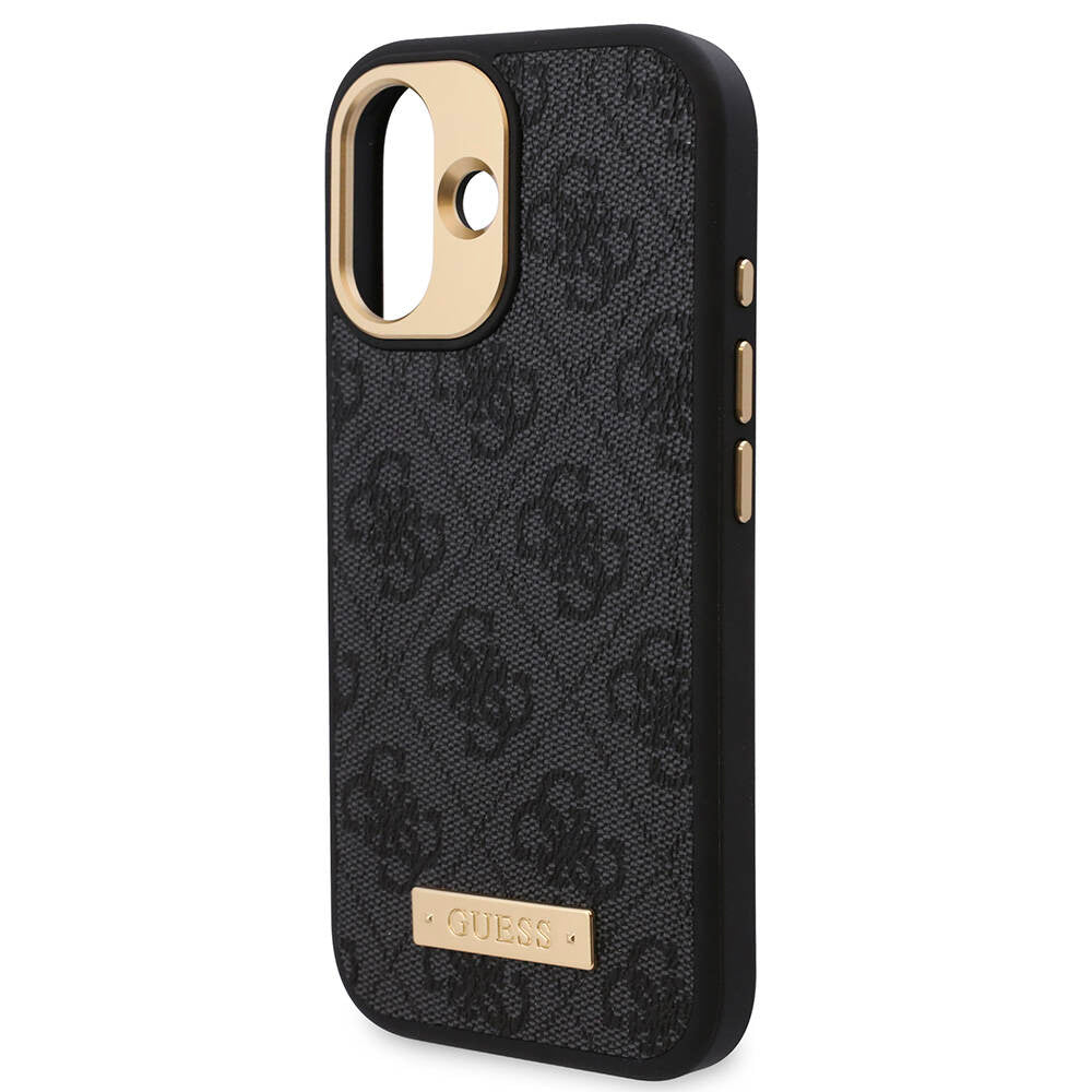Apple iPhone 16 Plus Kılıf Guess Orjinal Lisanslı M-safe Şarj Özellikli PU 4G Desenli Metal Plaka Klasik Logolu Kapak Kahverengi