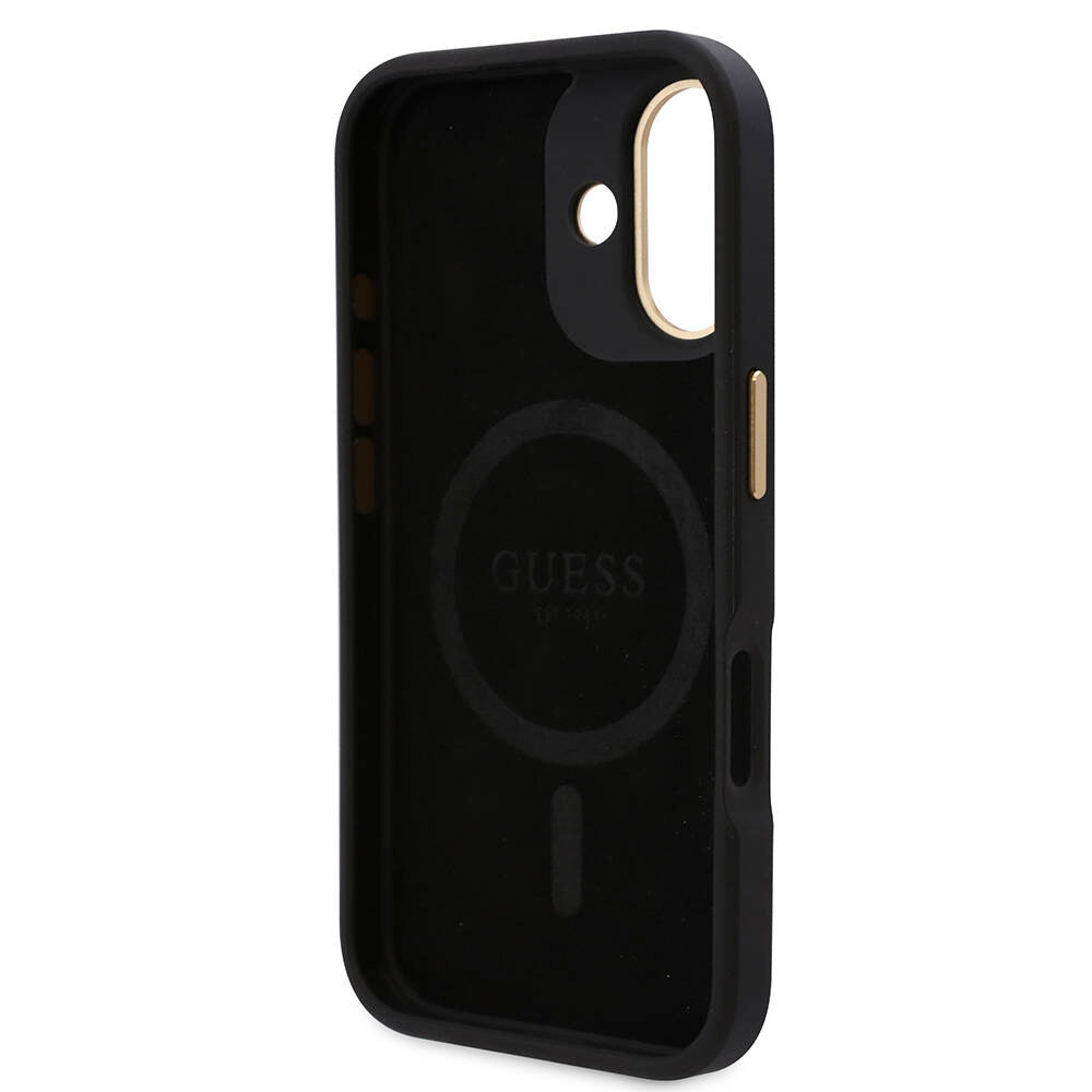 Apple iPhone 16 Plus Kılıf Guess Orjinal Lisanslı M-safe Şarj Özellikli PU 4G Desenli Metal Plaka Klasik Logolu Kapak Kahverengi