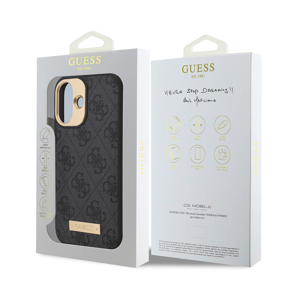 Apple iPhone 16 Plus Kılıf Guess Orjinal Lisanslı M-safe Şarj Özellikli PU 4G Desenli Metal Plaka Klasik Logolu Kapak Pembe