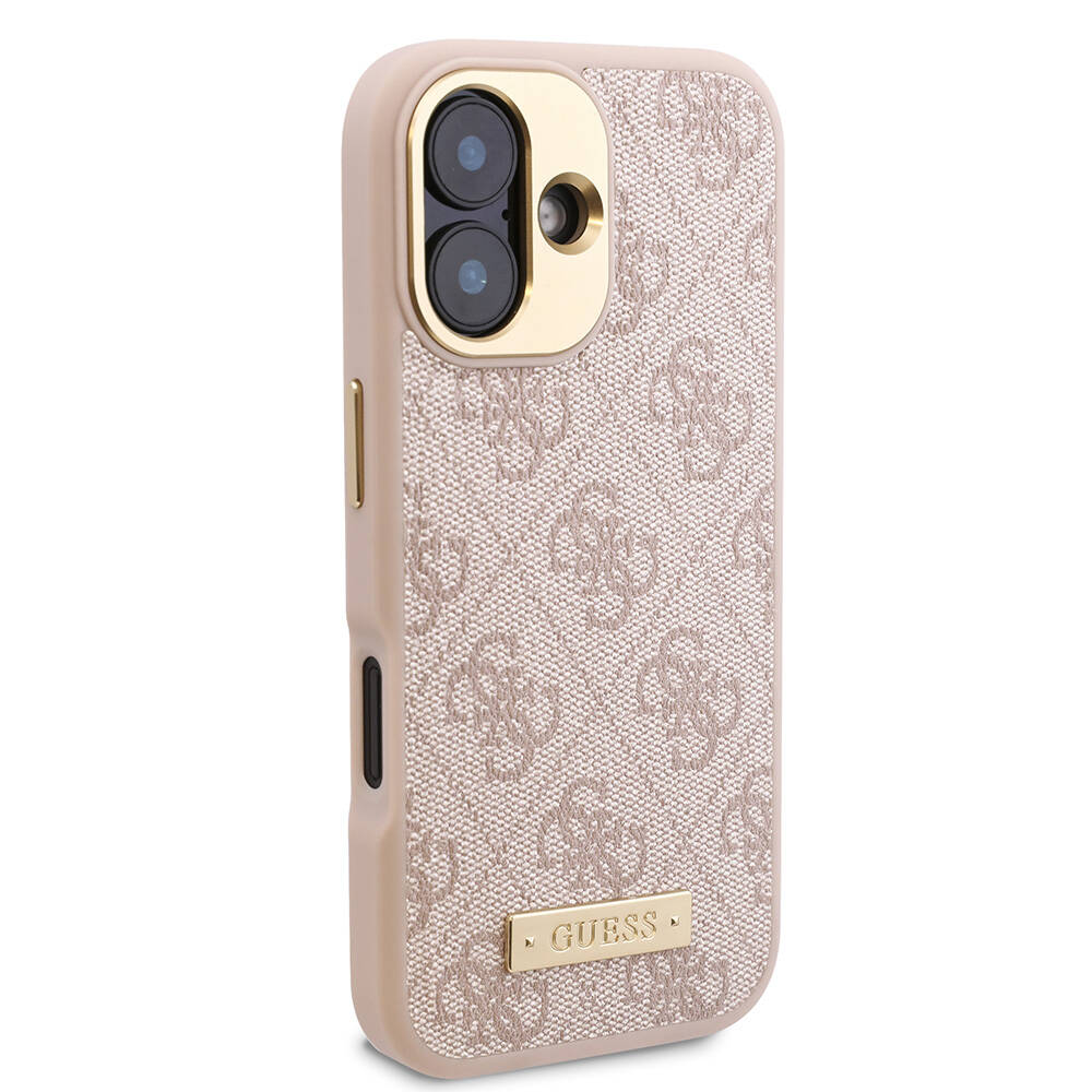 Apple iPhone 16 Plus Kılıf Guess Orjinal Lisanslı M-safe Şarj Özellikli PU 4G Desenli Metal Plaka Klasik Logolu Kapak Pembe