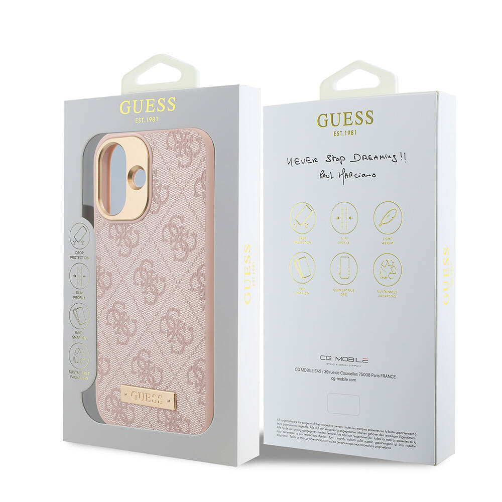 Apple iPhone 16 Plus Kılıf Guess Orjinal Lisanslı M-safe Şarj Özellikli PU 4G Desenli Metal Plaka Klasik Logolu Kapak Pembe