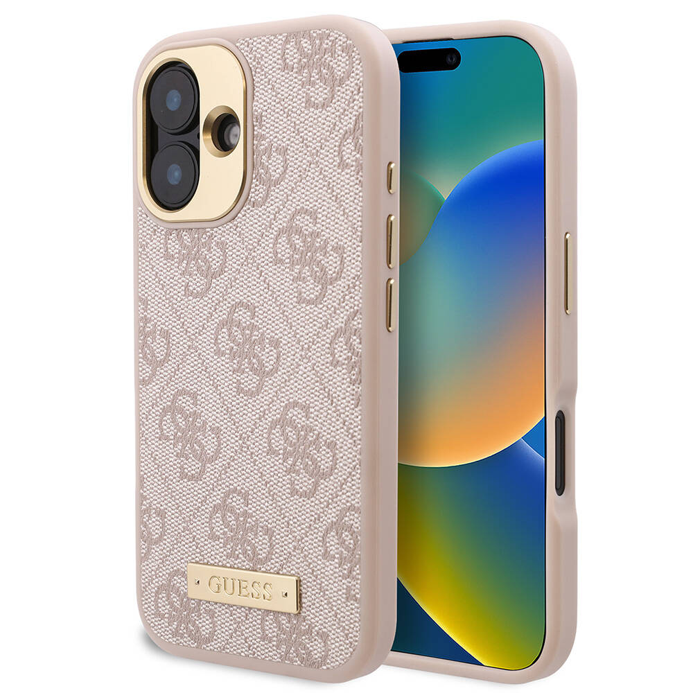 Apple iPhone 16 Plus Kılıf Guess Orjinal Lisanslı M-safe Şarj Özellikli PU 4G Desenli Metal Plaka Klasik Logolu Kapak Kahverengi
