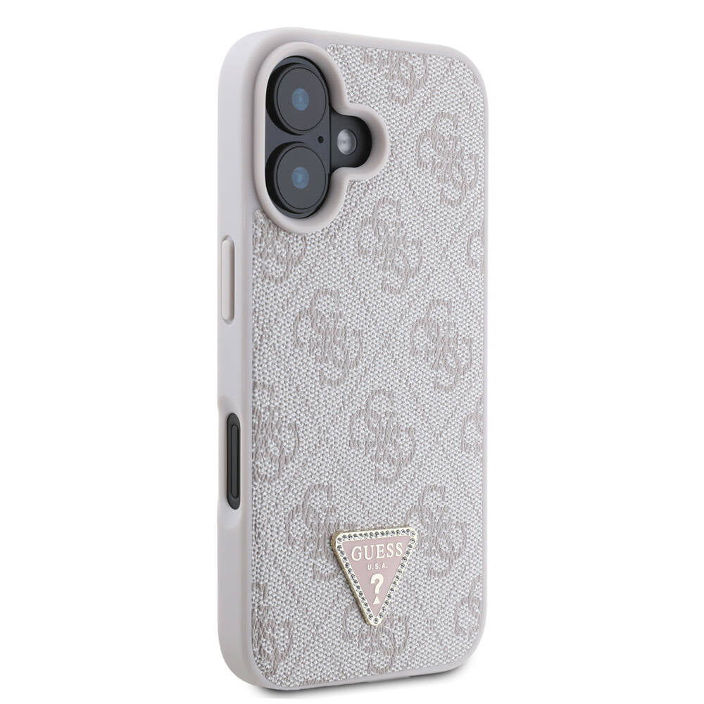 Apple iPhone 16 Plus Kılıf Guess Orjinal Lisanslı M-safe Şarj Özellikli PU Deri 4G Desenli Taşlı Üçgen Logolu Kapak Kahverengi
