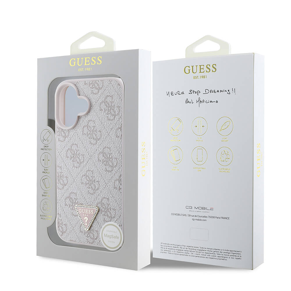 Apple iPhone 16 Plus Kılıf Guess Orjinal Lisanslı M-safe Şarj Özellikli PU Deri 4G Desenli Taşlı Üçgen Logolu Kapak Kahverengi
