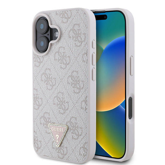 Apple iPhone 16 Plus Kılıf Guess Orjinal Lisanslı M-safe Şarj Özellikli PU Deri 4G Desenli Taşlı Üçgen Logolu Kapak Pembe