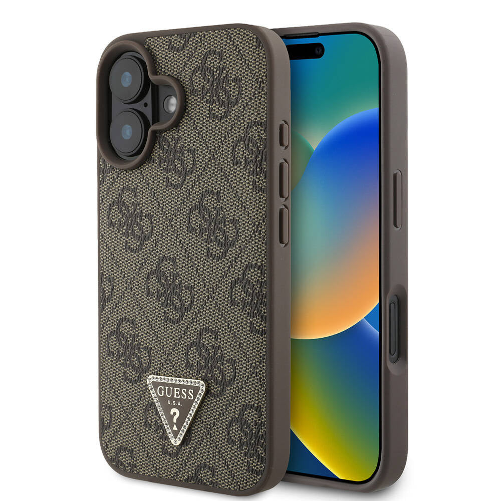 Apple iPhone 16 Plus Kılıf Guess Orjinal Lisanslı M-safe Şarj Özellikli PU Deri 4G Desenli Taşlı Üçgen Logolu Kapak Kahverengi
