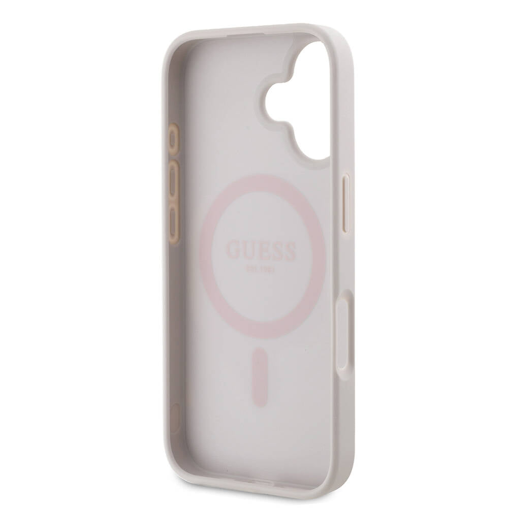 Apple iPhone 16 Plus Kılıf Guess Orjinal Lisanslı M-safe Şarj Özellikli PU Deri 4G Desenli Taşlı Üçgen Logolu Kapak Kahverengi