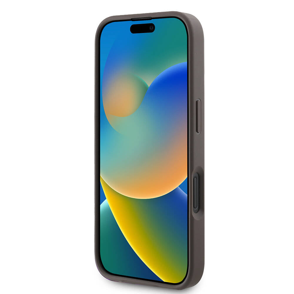 Apple iPhone 16 Plus Kılıf Guess Orjinal Lisanslı M-safe Şarj Özellikli PU Deri 4G Desenli Taşlı Üçgen Logolu Kapak Kahverengi