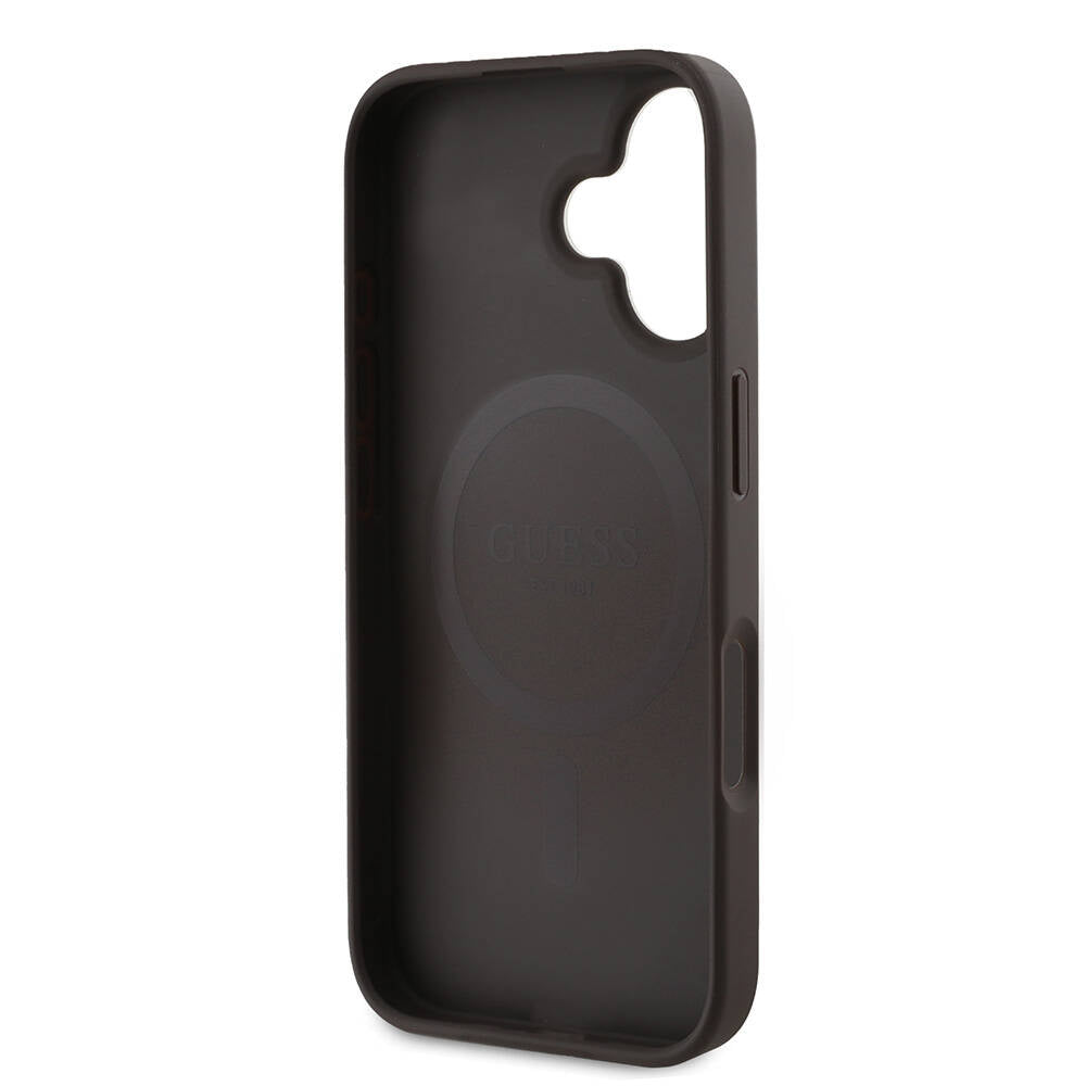 Apple iPhone 16 Plus Kılıf Guess Orjinal Lisanslı M-safe Şarj Özellikli PU Deri 4G Desenli Taşlı Üçgen Logolu Kapak Kahverengi