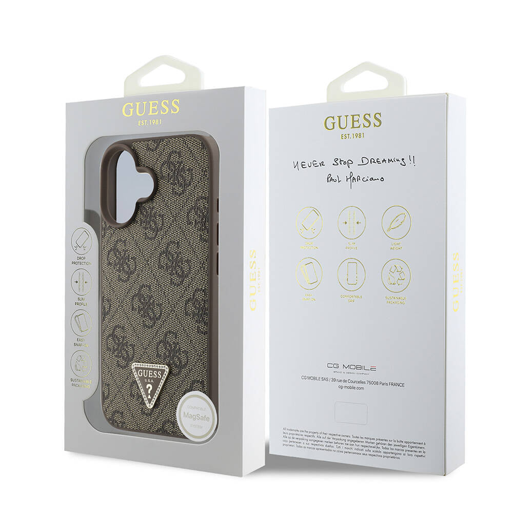 Apple iPhone 16 Plus Kılıf Guess Orjinal Lisanslı M-safe Şarj Özellikli PU Deri 4G Desenli Taşlı Üçgen Logolu Kapak Kahverengi