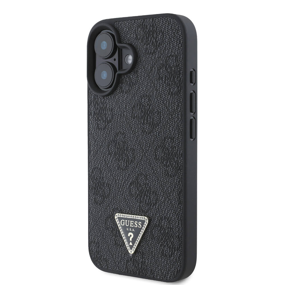 Apple iPhone 16 Plus Kılıf Guess Orjinal Lisanslı M-safe Şarj Özellikli PU Deri 4G Desenli Taşlı Üçgen Logolu Kapak Pembe