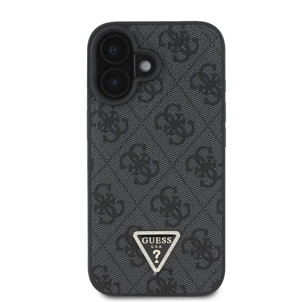 Apple iPhone 16 Plus Kılıf Guess Orjinal Lisanslı M-safe Şarj Özellikli PU Deri 4G Desenli Taşlı Üçgen Logolu Kapak Pembe