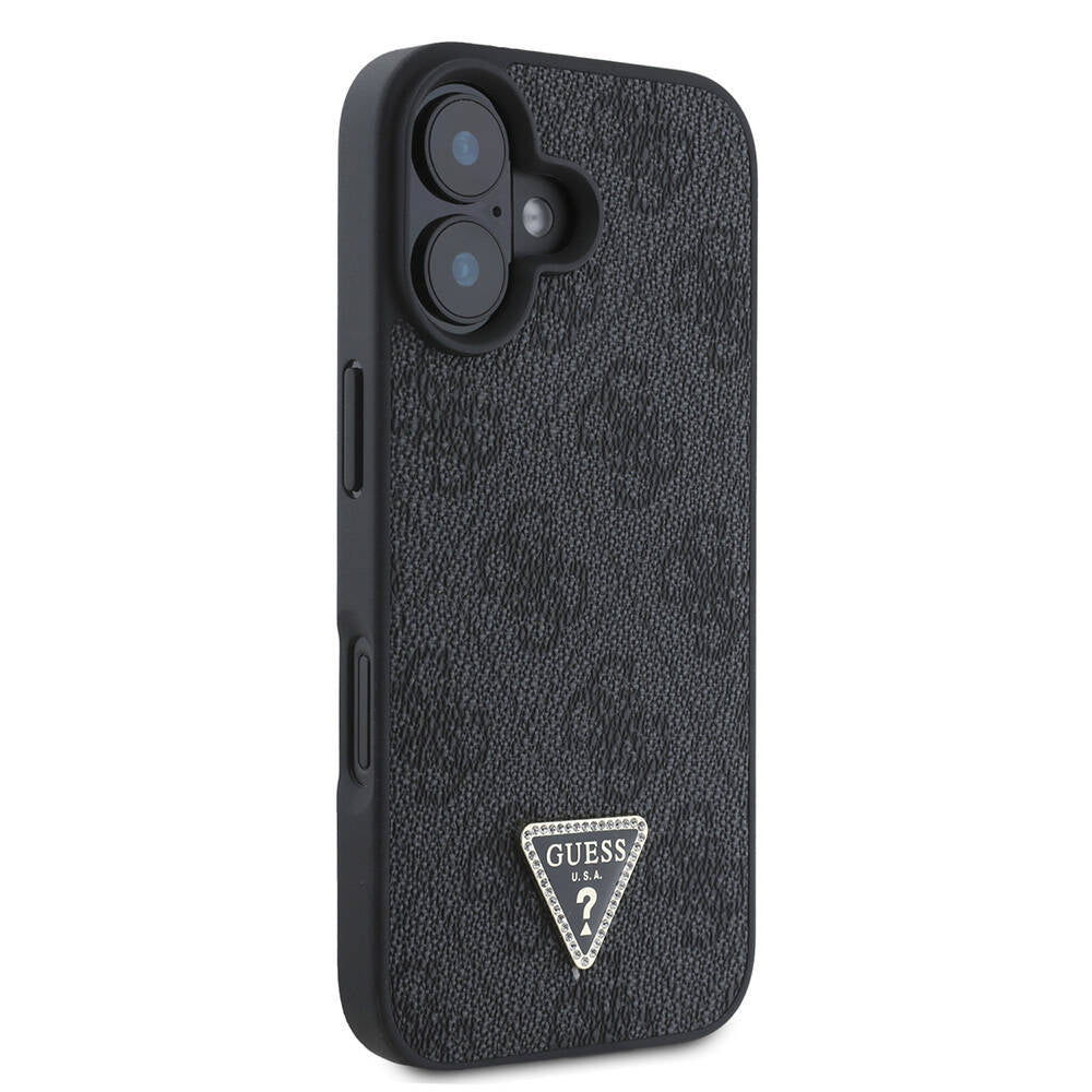 Apple iPhone 16 Plus Kılıf Guess Orjinal Lisanslı M-safe Şarj Özellikli PU Deri 4G Desenli Taşlı Üçgen Logolu Kapak Kahverengi