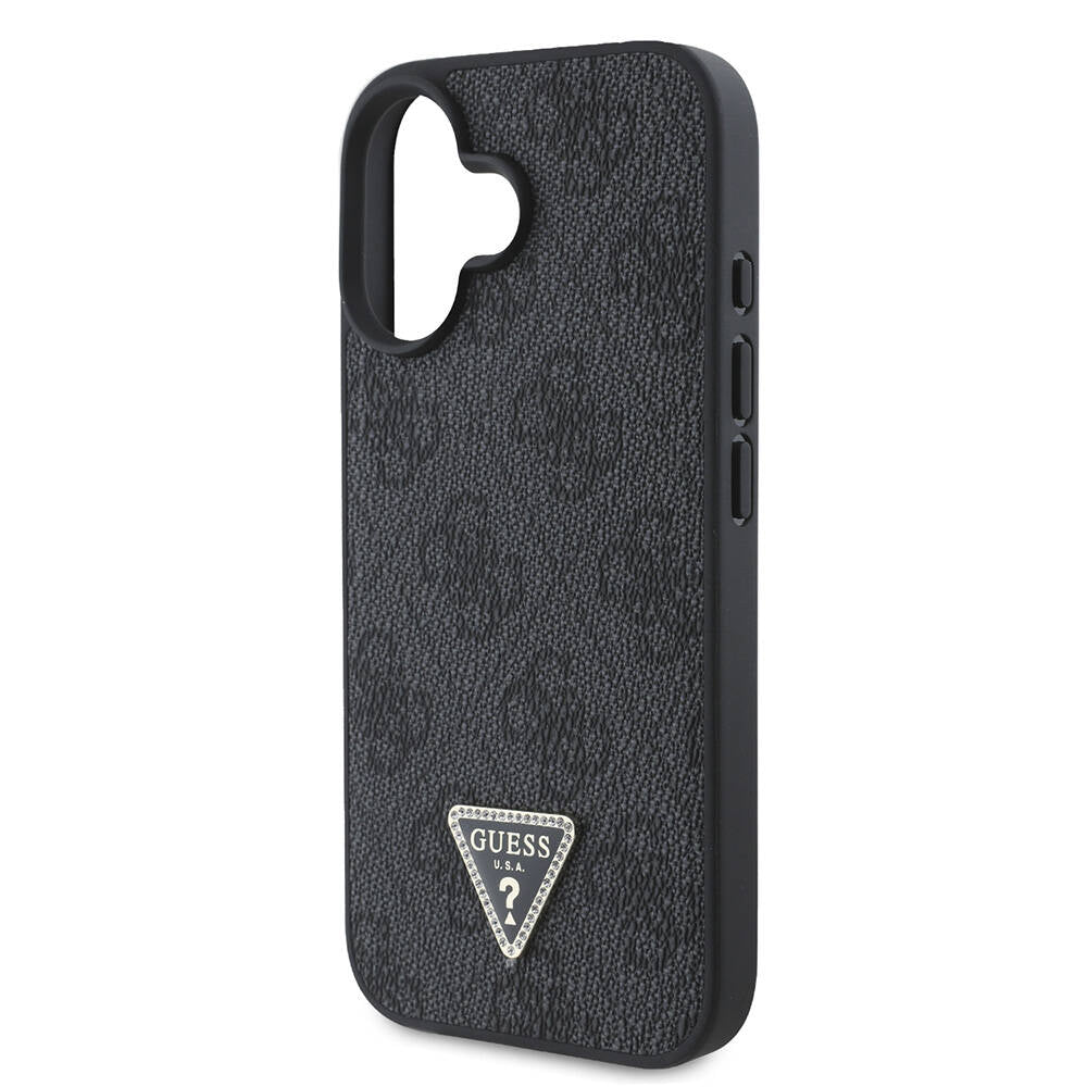Apple iPhone 16 Plus Kılıf Guess Orjinal Lisanslı M-safe Şarj Özellikli PU Deri 4G Desenli Taşlı Üçgen Logolu Kapak Kahverengi