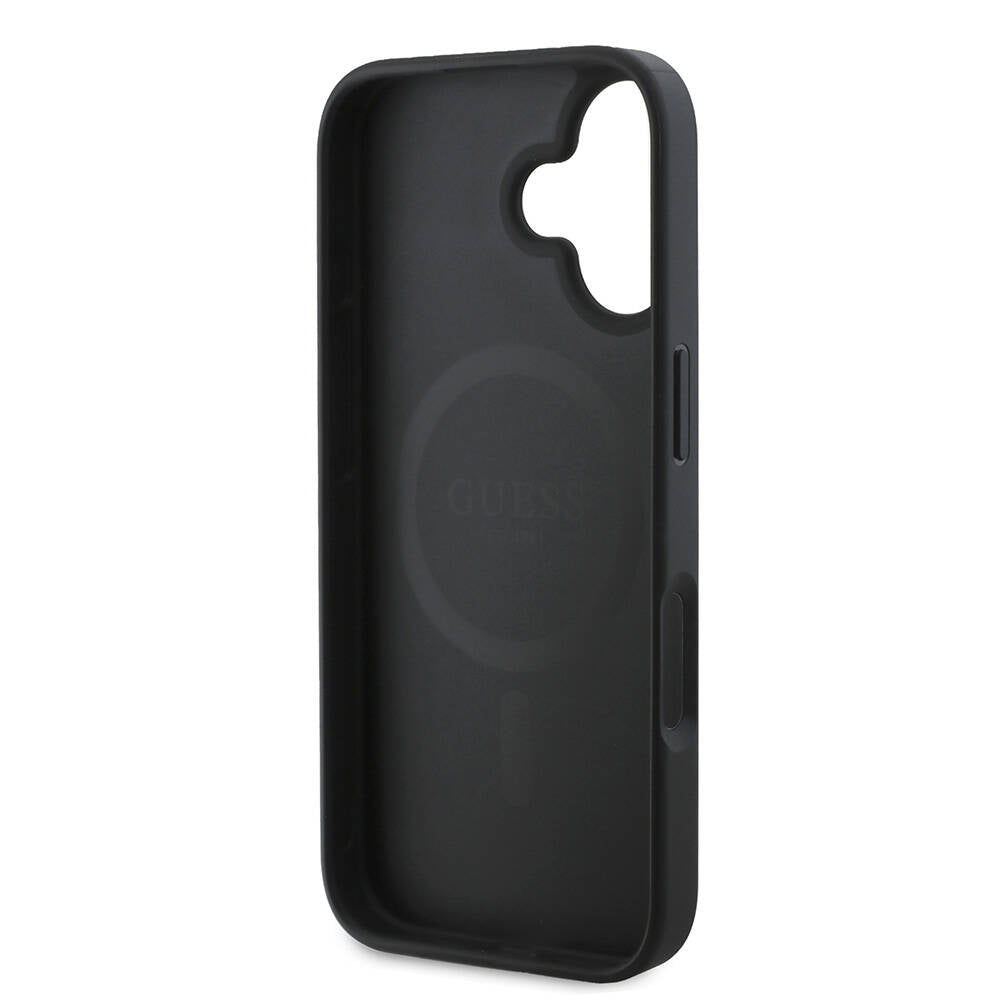 Apple iPhone 16 Plus Kılıf Guess Orjinal Lisanslı M-safe Şarj Özellikli PU Deri 4G Desenli Taşlı Üçgen Logolu Kapak Kahverengi