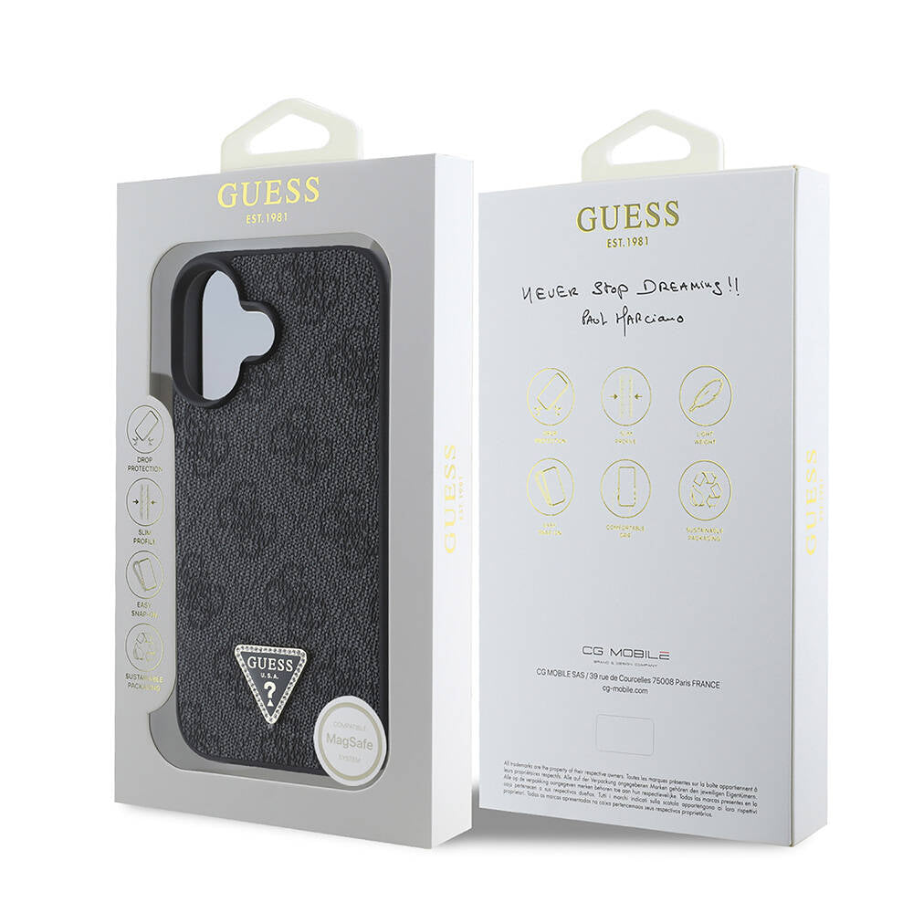Apple iPhone 16 Plus Kılıf Guess Orjinal Lisanslı M-safe Şarj Özellikli PU Deri 4G Desenli Taşlı Üçgen Logolu Kapak Pembe