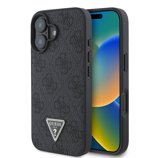 Apple iPhone 16 Plus Kılıf Guess Orjinal Lisanslı M-safe Şarj Özellikli PU Deri 4G Desenli Taşlı Üçgen Logolu Kapak Pembe