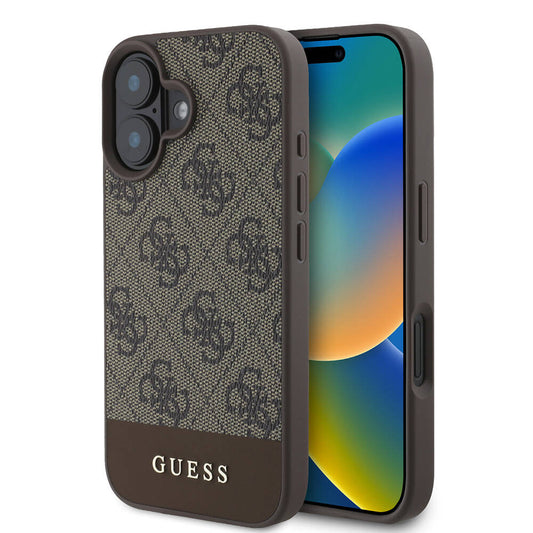 Apple iPhone 16 Plus Kılıf Guess Orjinal Lisanslı M-safe Şarj Özellikli PU Deri Şerit Logo Dizaynlı Kapak Kahverengi