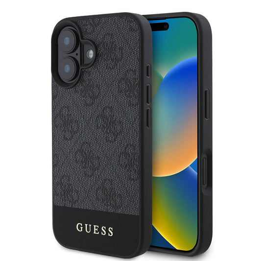 Apple iPhone 16 Plus Kılıf Guess Orjinal Lisanslı M-safe Şarj Özellikli PU Deri Şerit Logo Dizaynlı Kapak Siyah