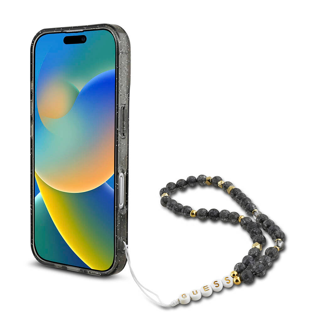 Apple iPhone 16 Plus Kılıf Guess Orjinal Lisanslı M-safe Şarj Özellikli Simli Silikon İnci Bileklikli Kapak Siyah
