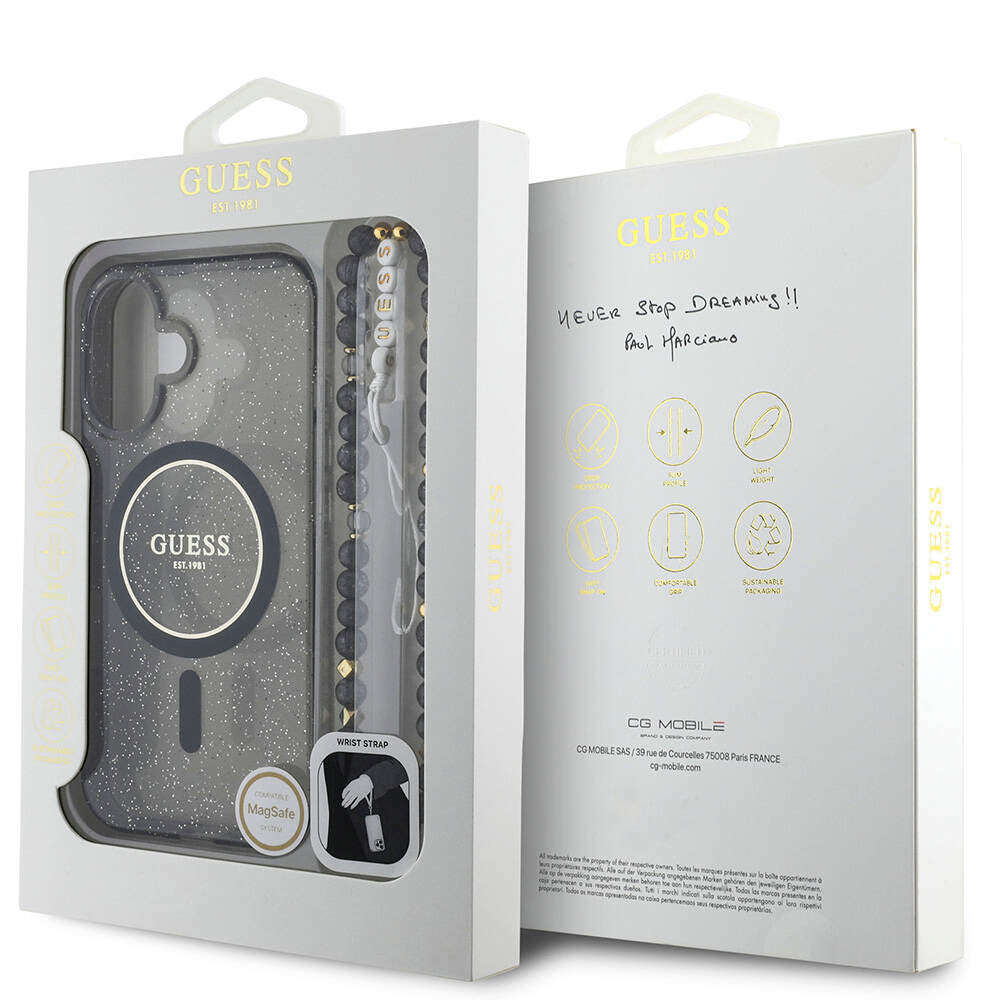 Apple iPhone 16 Plus Kılıf Guess Orjinal Lisanslı M-safe Şarj Özellikli Simli Silikon İnci Bileklikli Kapak Şeffaf