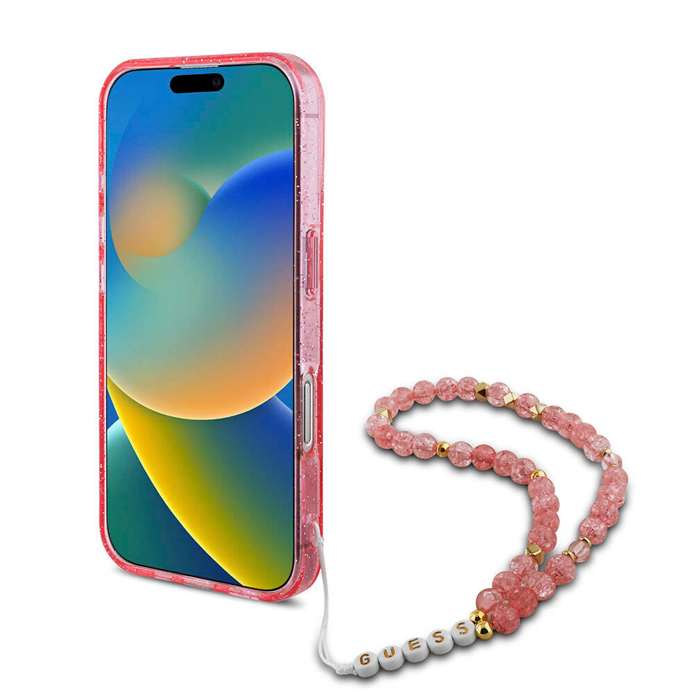Apple iPhone 16 Plus Kılıf Guess Orjinal Lisanslı M-safe Şarj Özellikli Simli Silikon İnci Bileklikli Kapak Siyah