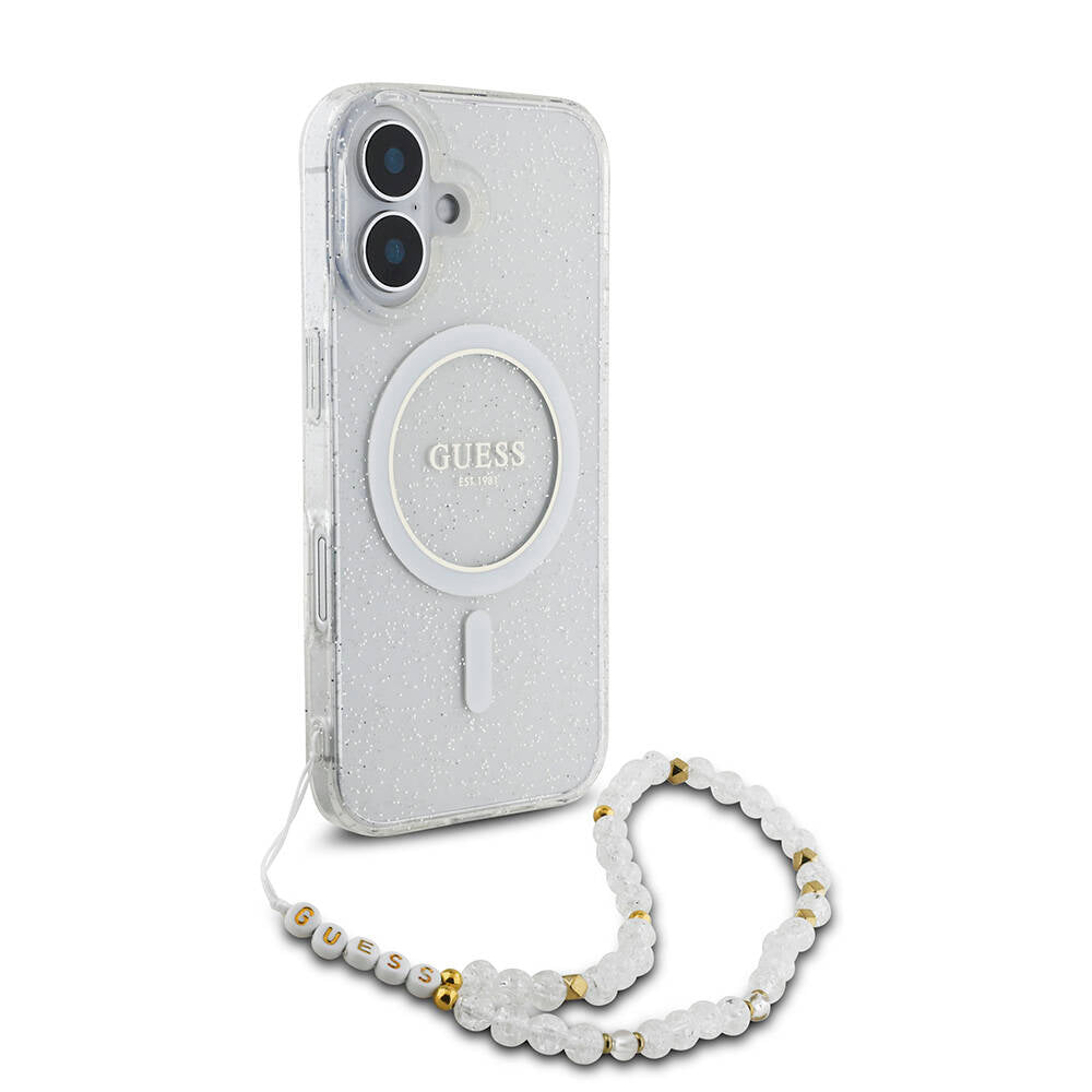Apple iPhone 16 Plus Kılıf Guess Orjinal Lisanslı M-safe Şarj Özellikli Simli Silikon İnci Bileklikli Kapak Şeffaf