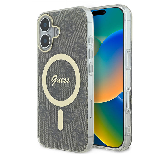 Apple iPhone 16 Plus Kılıf Guess Orjinal Lisanslı M-safe Şarj Özellikli Yazı Logolu 4G Desenli Kapak Kahverengi