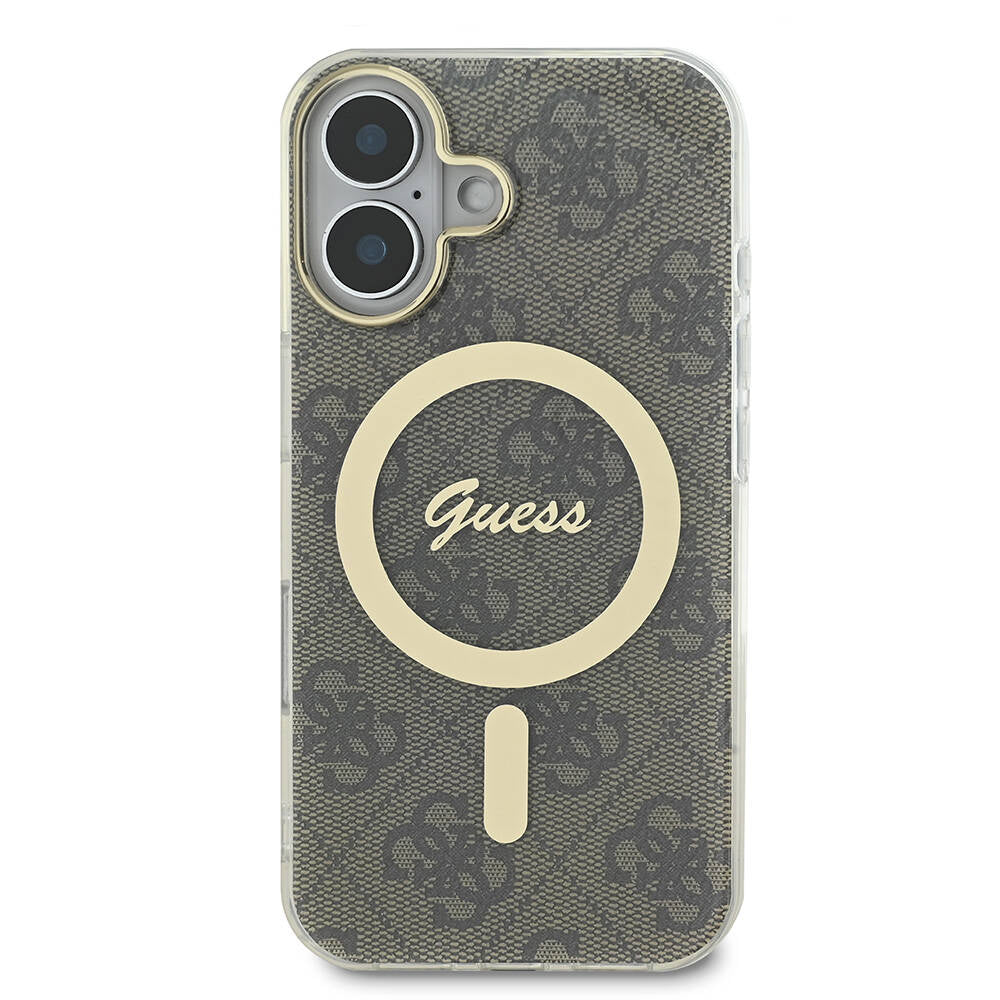 Apple iPhone 16 Plus Kılıf Guess Orjinal Lisanslı M-safe Şarj Özellikli Yazı Logolu 4G Desenli Kapak Kahverengi