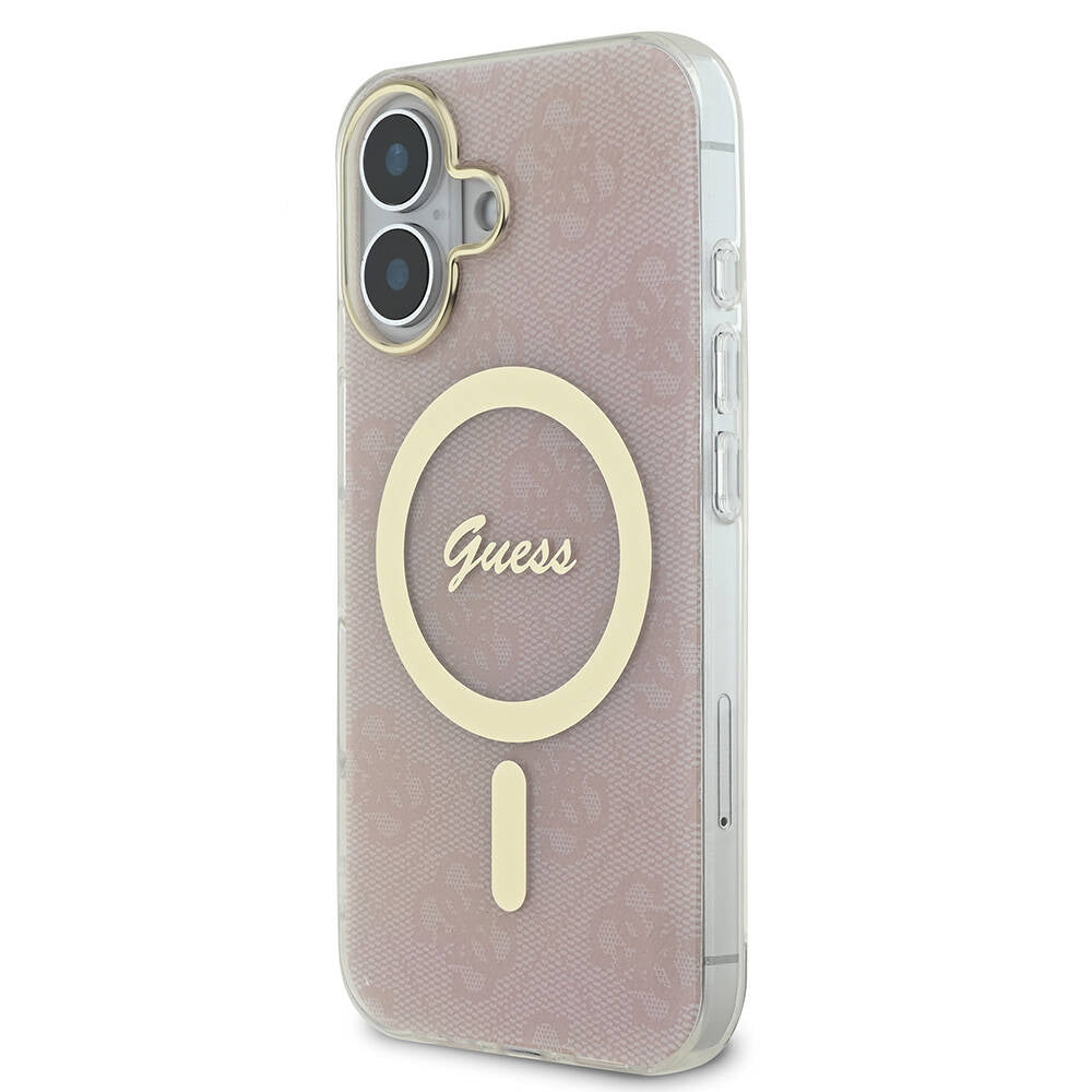 Apple iPhone 16 Plus Kılıf Guess Orjinal Lisanslı M-safe Şarj Özellikli Yazı Logolu 4G Desenli Kapak Kahverengi